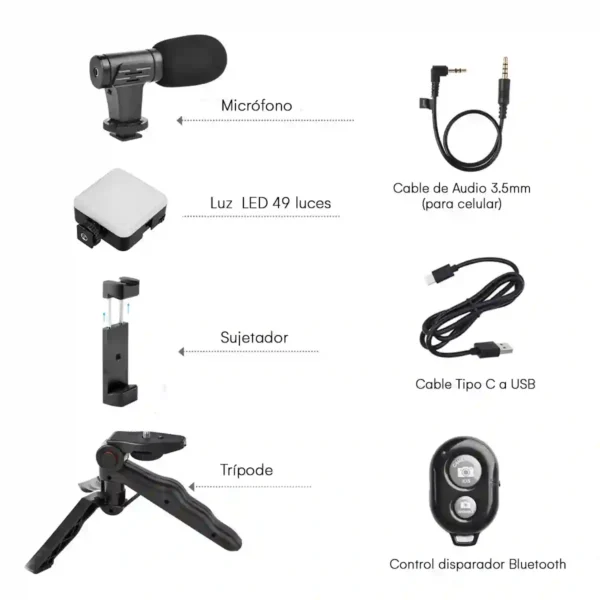 Kit de grabación tripode 5 Kit de Grabación Trípode Micrófono Control Luz Led para fotos